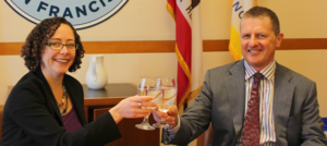 Deputy City Attorneys Mollie Lee and Joshua Milstein celebrate San Francisco’s successful legal defense of its century-old Hetch Hetchy Reservoir with a toast of refreshing, pristine tap water.