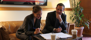 Deputy City Attorneys Sara Eisenberg and Brad Russi discuss litigation strategy on a Section 8 housing case after winning a key procedural ruling on March 22, 2016.