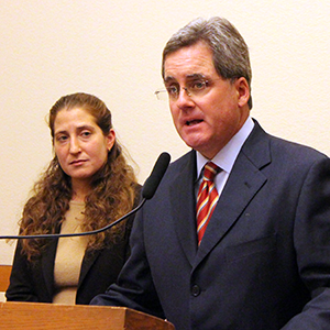 Deputy City Attorney Sara Eisenberg and City Attorney Dennis Herrera, at a Jan. 2, 2014 news conference on the ACCJC case.